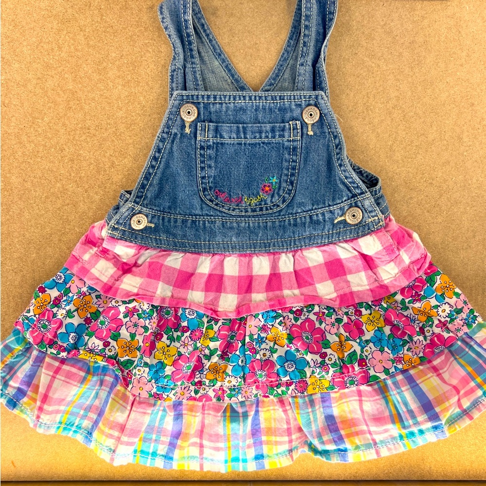 Oshkosh B’gosh Vestback Denim Overall Dress Floral Plaid cotton 18 mo